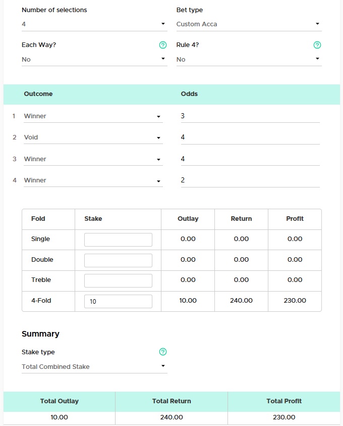 outplayed accumulator calculator with 4 fold acca with 3 teams winning and 1 void showing returns of £230